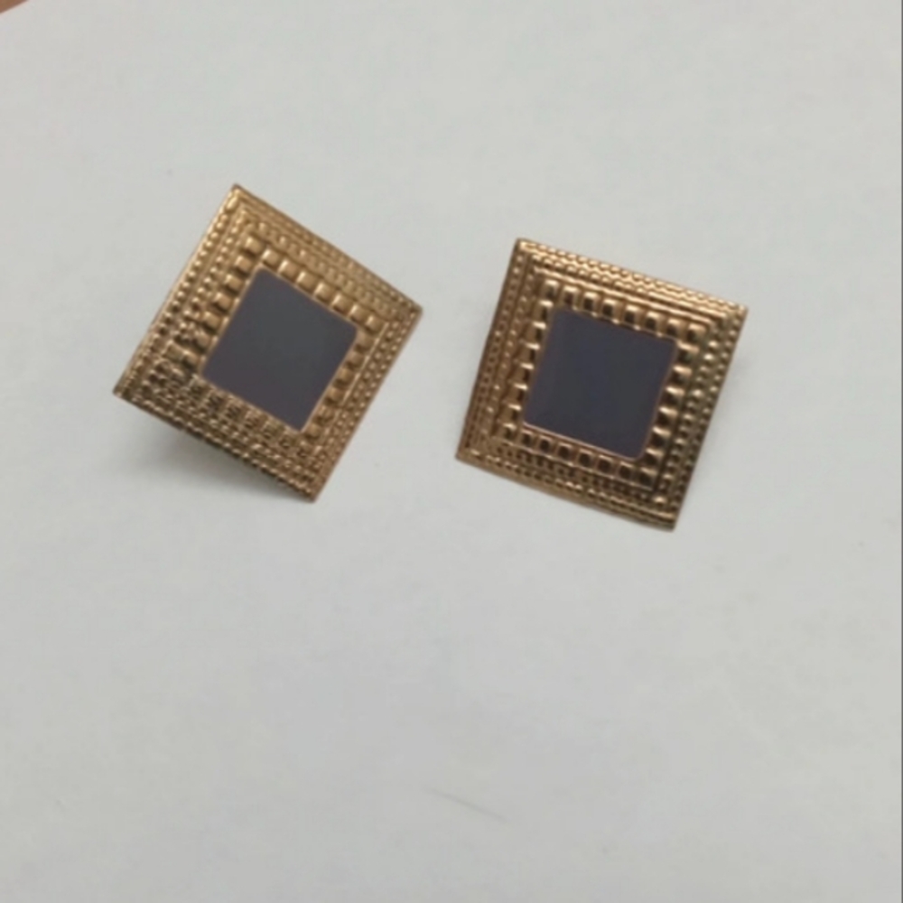 Gray and Gold Plated Square Costume Earrings -Vintage-1980s